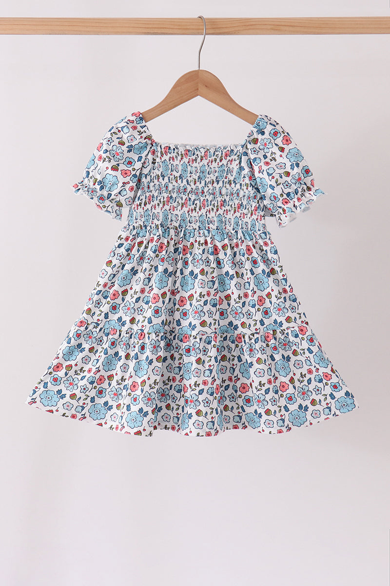 Blue Floral Smocked Ruffle Dress