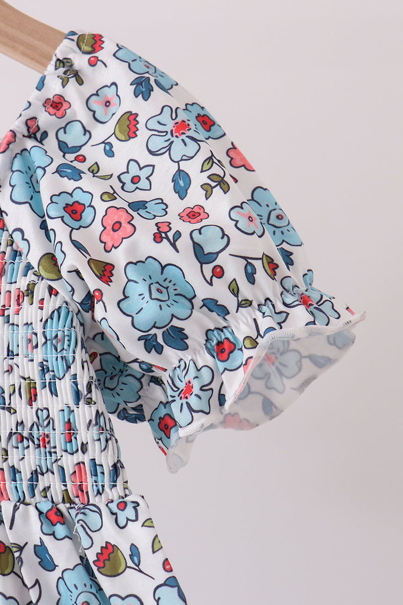Blue Floral Smocked Ruffle Dress