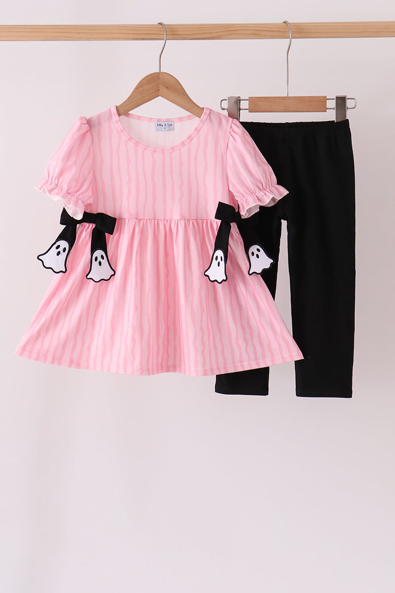 Pink Ghost Applique Striped Pants Set