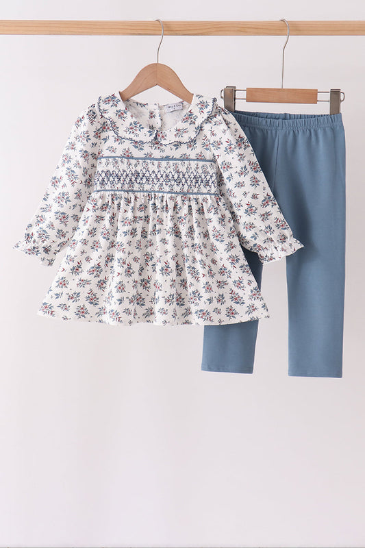 Teal Floral Smocked Pants Set