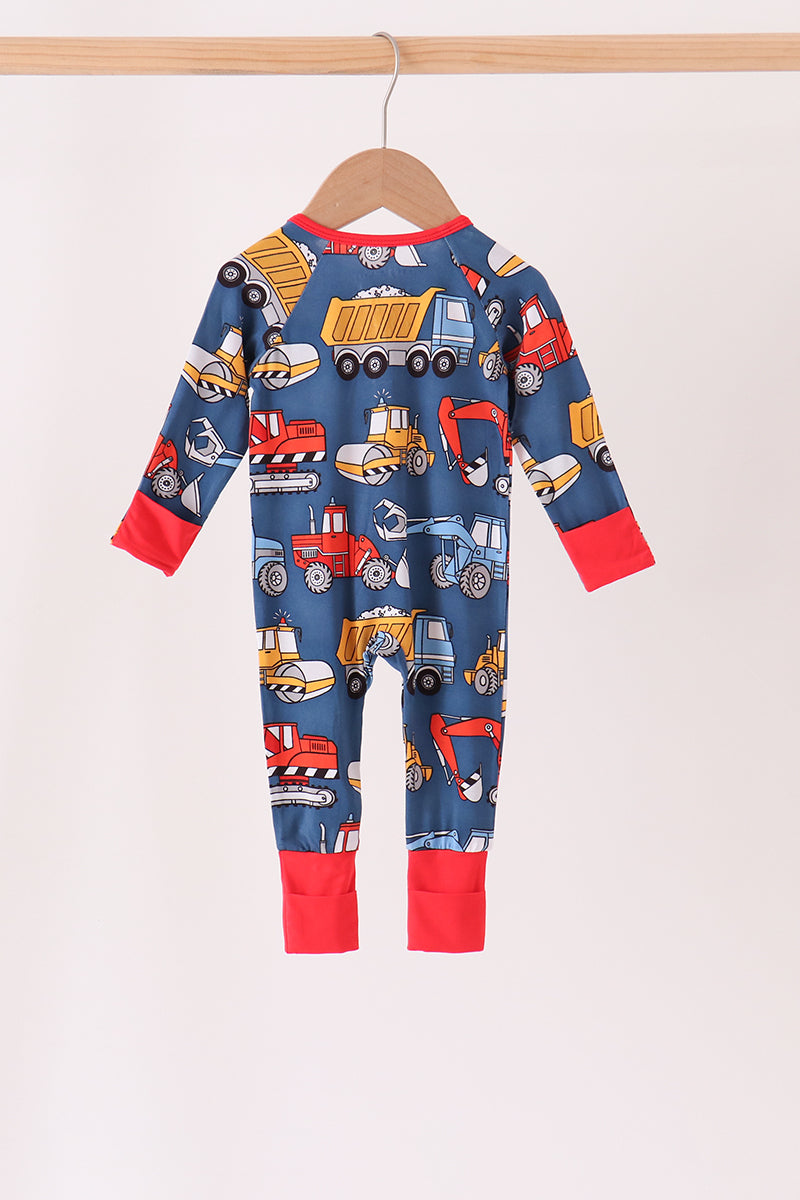 Navy Tractor Print Bamboo Romper