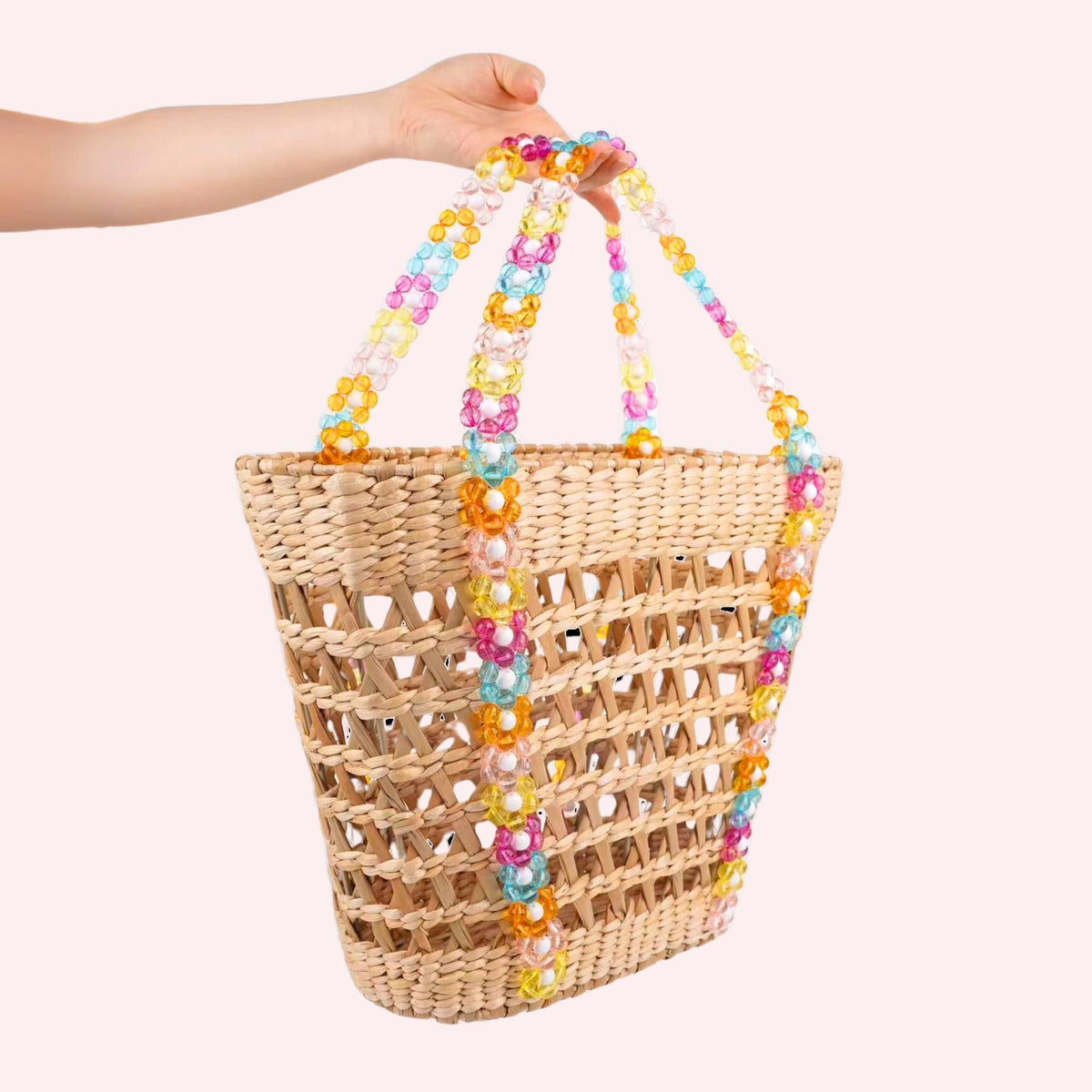 Beaded Straw Beach Basket Tote