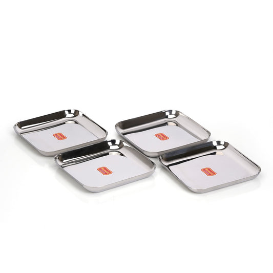 Sumeet Stainless Steel Medium Square Shape Plate/Snacks Plate/Breakfast Plate, Set of 4 pcs, 20 cm Dia, Silver