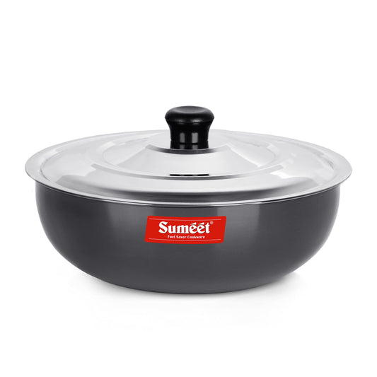 Sumeet 3 mm Hard Anodized Deep Tasla with Stainless Steel Lid, Size No. 14, 26.5 cm Diameter, 3.75 L Capacity