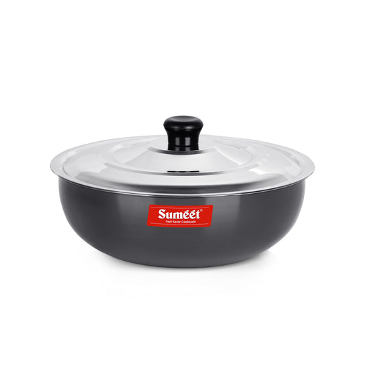 Sumeet 3 mm Hard Anodized Deep Tasla with Stainless Steel Lid, Size No. 10, 18.5 cm Diameter, 1.3 L Capacity