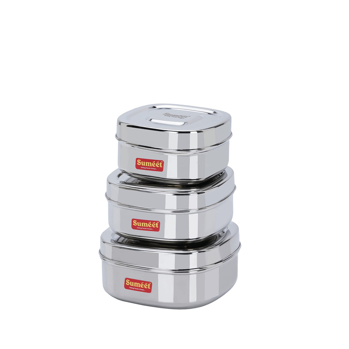 Sumeet Stainless Steel Square Storage Containers/Boxes for Kitchen, Set of 3, 550 ml, 700 ml & 1000 ml, 11 cm, 12.5 cm & 14 cm Diameter