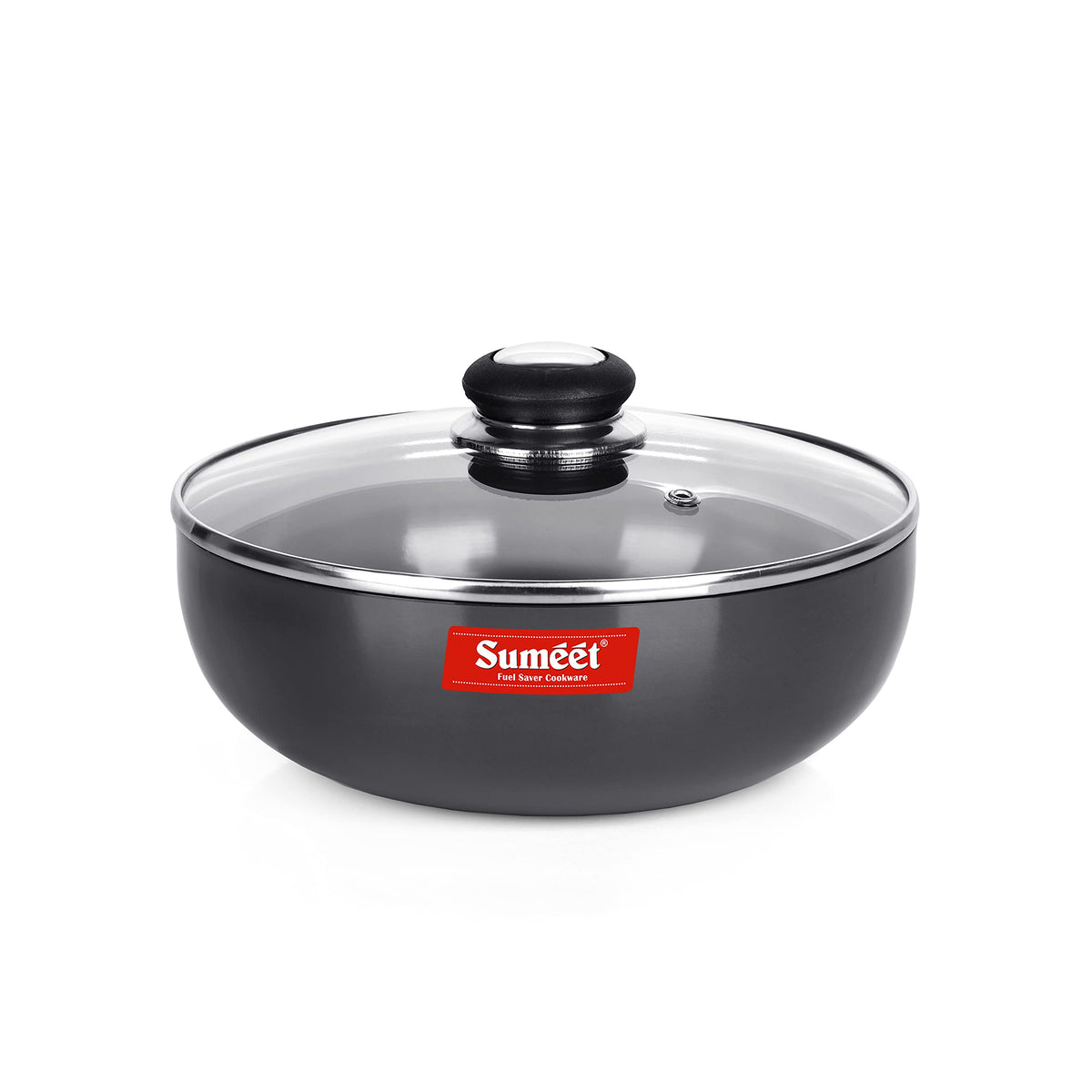 Sumeet 3 mm Hard Anodized Deep Tasla with Glass Lid, Size No. 10, 18.5 cm Diameter, 1.3 L Capacity, Black