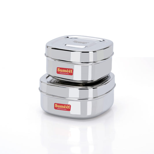 Sumeet Stainless Steel Square Storage Containers/Boxes for Kitchen, Set of 2, 550 ml & 700 ml, 11 cm & 12.5 cm Diameter, Silver