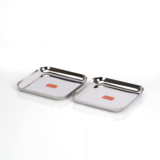 Sumeet Stainless Steel Medium Square Shape Plate/Snacks Plate/Breakfast Plate, Set of 2 pcs, 22.5 cm Dia, Silver