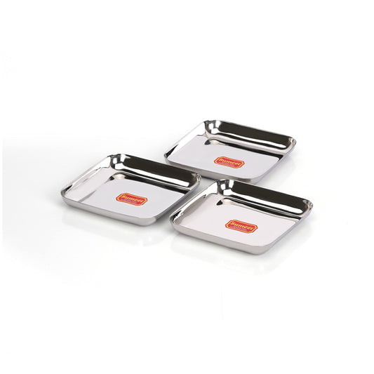 Sumeet Stainless Steel Medium Square Plate/Snack Plate/Breakfast Plate, Set of 3, 15 cm Diameter, Silver