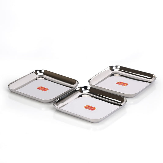 Sumeet Stainless Steel Big Square Shape Plate/Dinner Plate/Lunch Meal Plate, Set of 3 pcs, 25 cm Dia, Silver