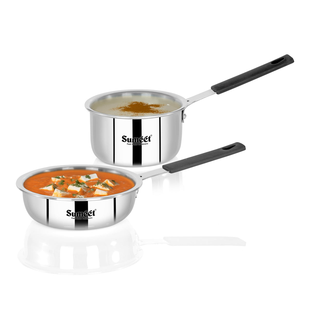 Sumeet Cook Smart ISI Certified Tri-Ply (Steel-Aluminium-Steel) Set of 3 Pcs, Mini Frying/Tadka Pan 400 ml and Sauce/Tadka Pan 450 ml with Silicone Sleeves