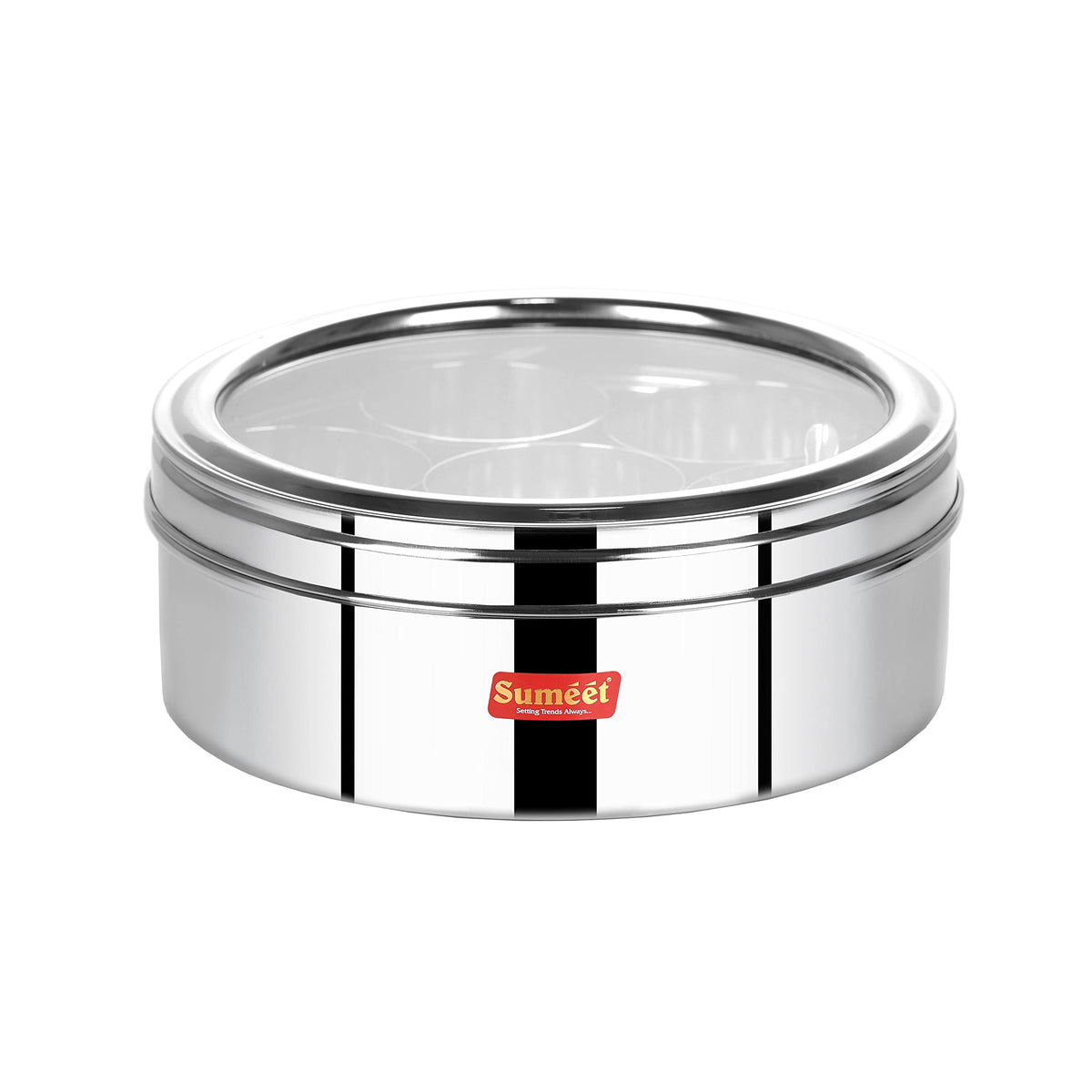 Sumeet Stainless Steel Round Masala (Spice) Box / Organiser with See-Through Lid, 7 Containers and Small Spoon, Size 10 (1 Ltr)