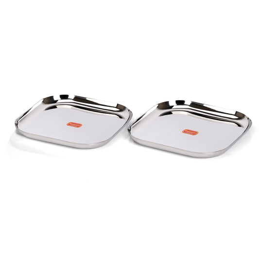 Sumeet Stainless Steel Big Square Shape Plate/Dinner Plate/Lunch Meal Plate, Set of 2 pcs, 28 cm Dia, Silver