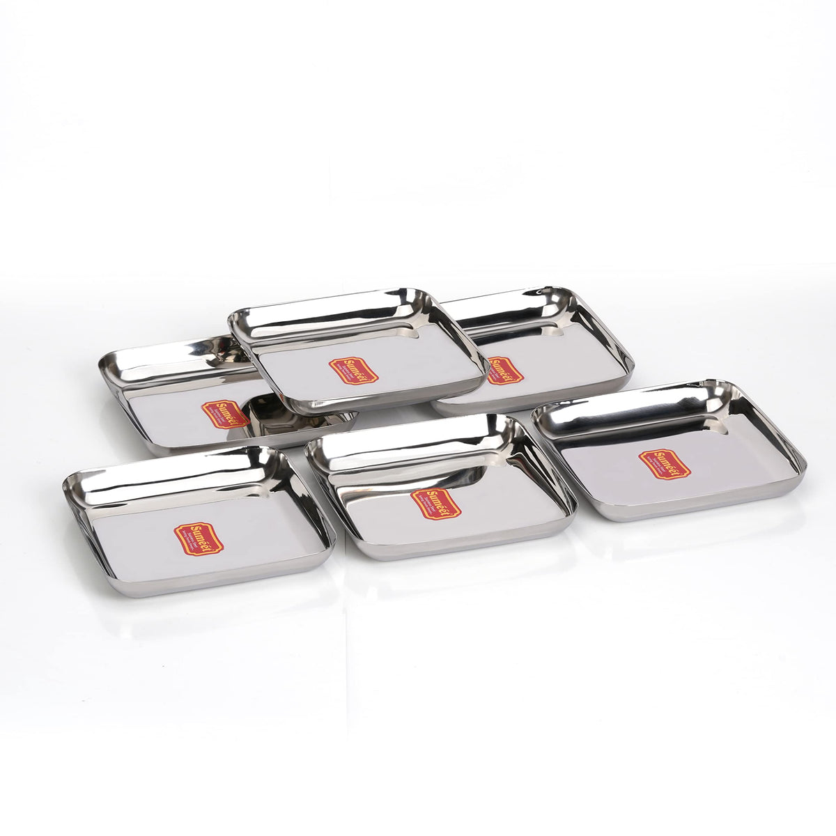 Sumeet Stainless Steel Small Square Dessert Plate/Halwa Plate, Set of 6, 7.2 cm Diameter, Silver