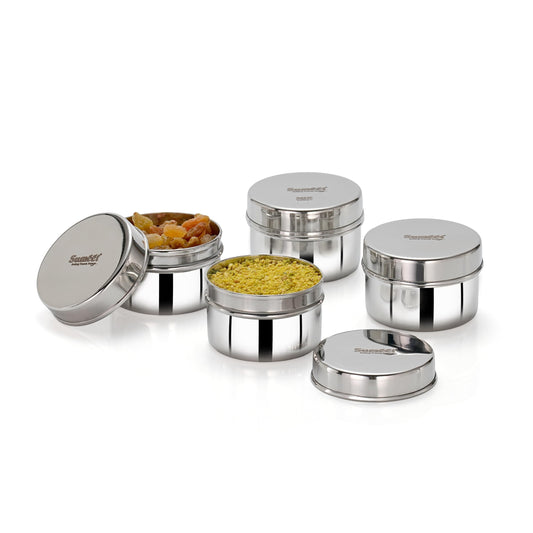 Sumeet ISI Certified Stainless Steel Mini Storage Containers with Lid for Sauce, Chutney, Dips, or Mukwas, Set of 4, 100 ml Capacity