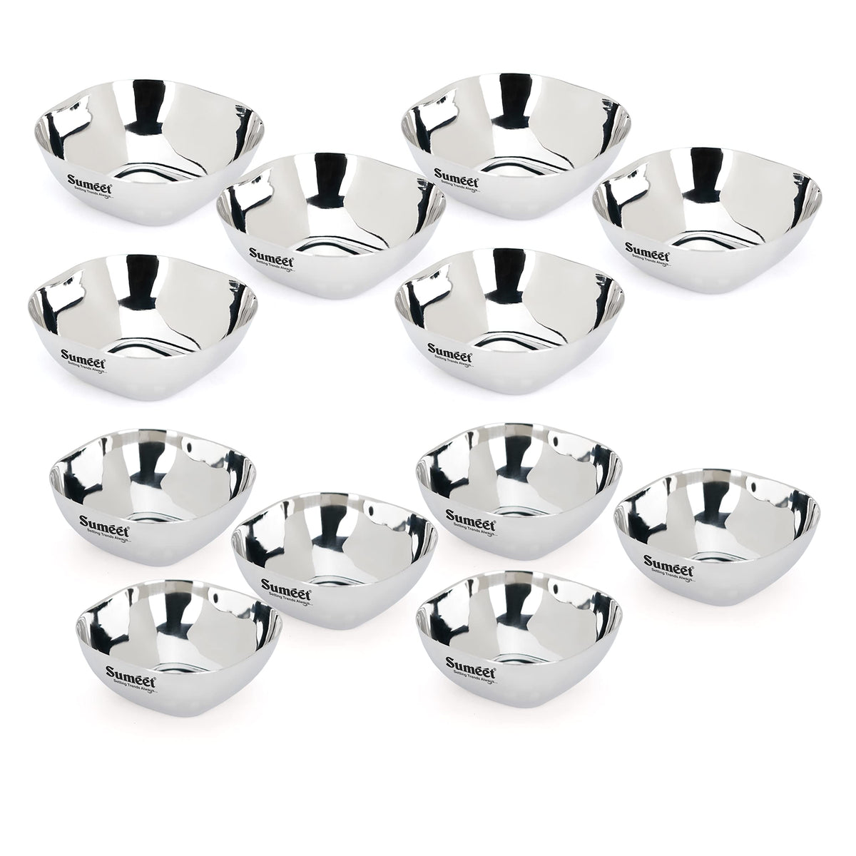 Sumeet Heavy Gauge Stainless Steel Apple Square Bowl with Mirror Finish, Combo Set of 12 Pieces, 9.5 cm and 10.6 cm Diameter, 200 ml