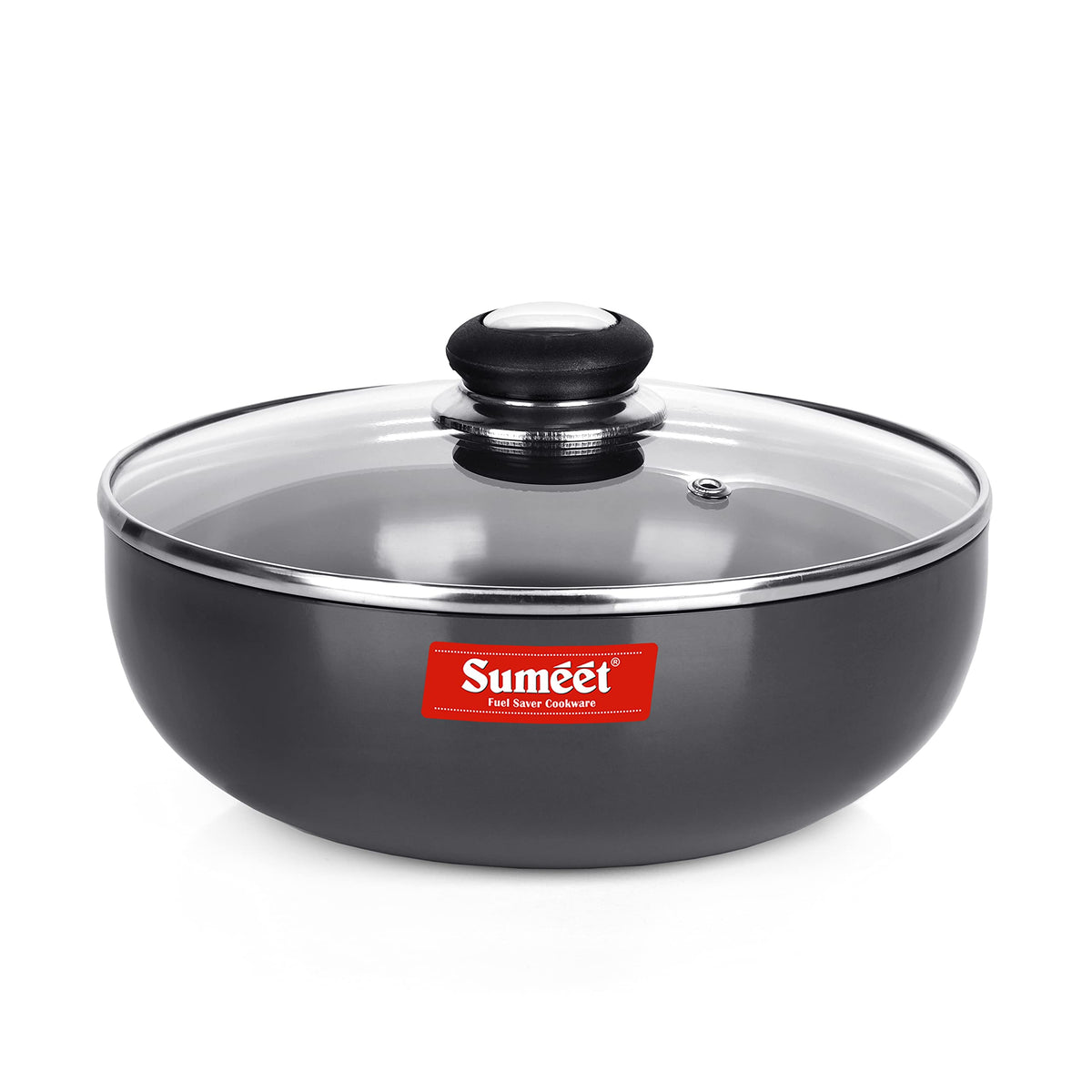 Sumeet 3 mm Hard Anodized Deep Tasla with Glass Lid, Size No. 14, 26.5 cm Diameter, 3.75 L Capacity