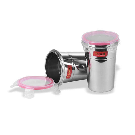 Sumeet Stainless Steel Airtight, Leak-Proof, Freezer-Safe and Dust-Proof Glass Tumbler with Lid, Set of 2, 400 ml Capacity
