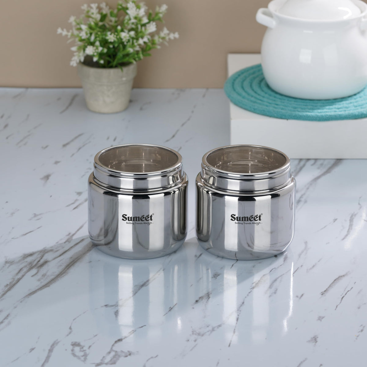 Sumeet Stainless Steel Canisters/Storage Containers for Kitchen with See-Through Lid, Set of 2 Pcs, 1450 ml Each, 13.5 cm Diameter