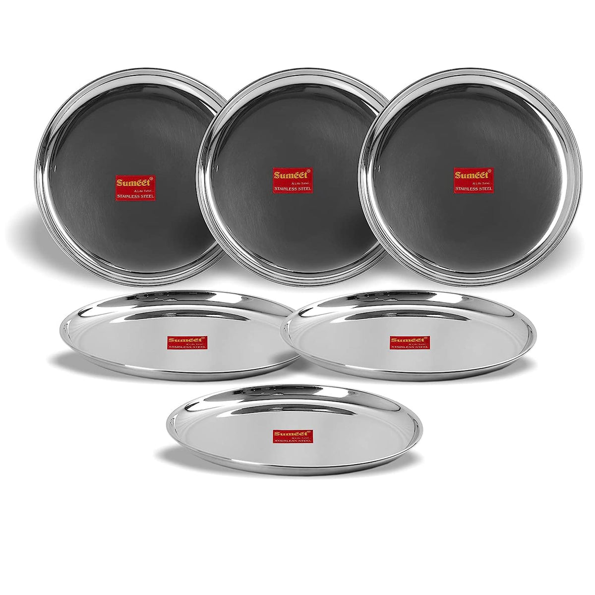 Sumeet Stainless Steel Heavy Gauge Shallow Salad Plates with Mirror Finish, 18.5 cm Diameter, Set of 3 Pcs
