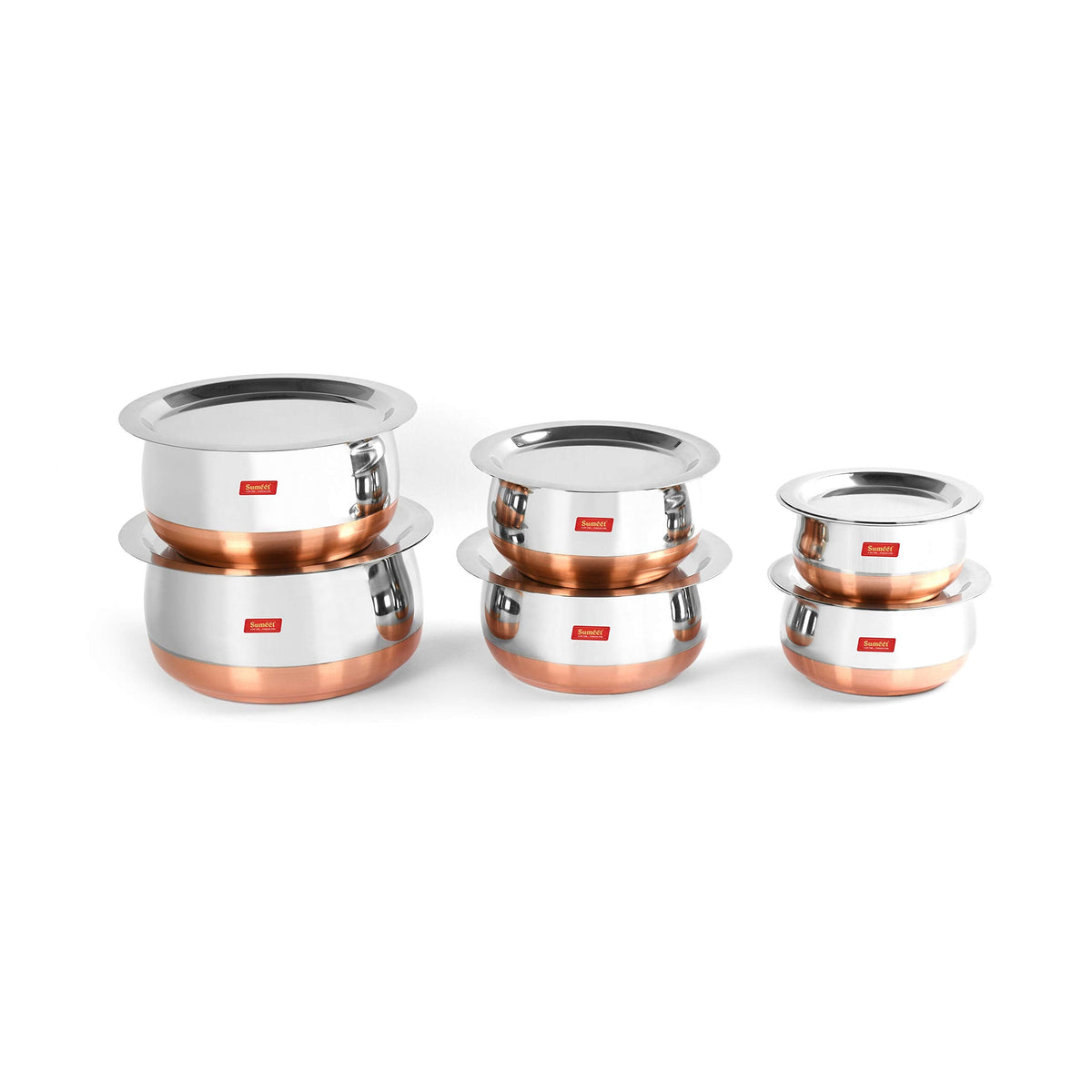 Sumeet Stainless Steel Copper-Bottom Belly-Shape 6-Piece Tope/Cookware/Pot Set with Lids, 380 ml, 500 ml, 780 ml, 1.1 L, 1.4 L, and 1.75 L