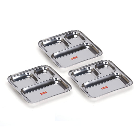 Sumeet Stainless Steel 3-in-1 Idli Wada Compartment Plate, Snack Plate, Breakfast Plate, Set of 3 Pieces, 21.7 cm Diameter, Silver