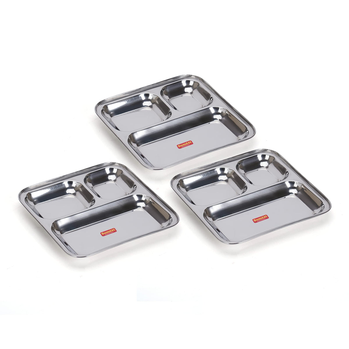 Sumeet Stainless Steel 3-in-1 Idli Wada Compartment Plate/Snack Plate/Breakfast Plate, Set of 3 Pcs, 24.5 cm Dia, Silver
