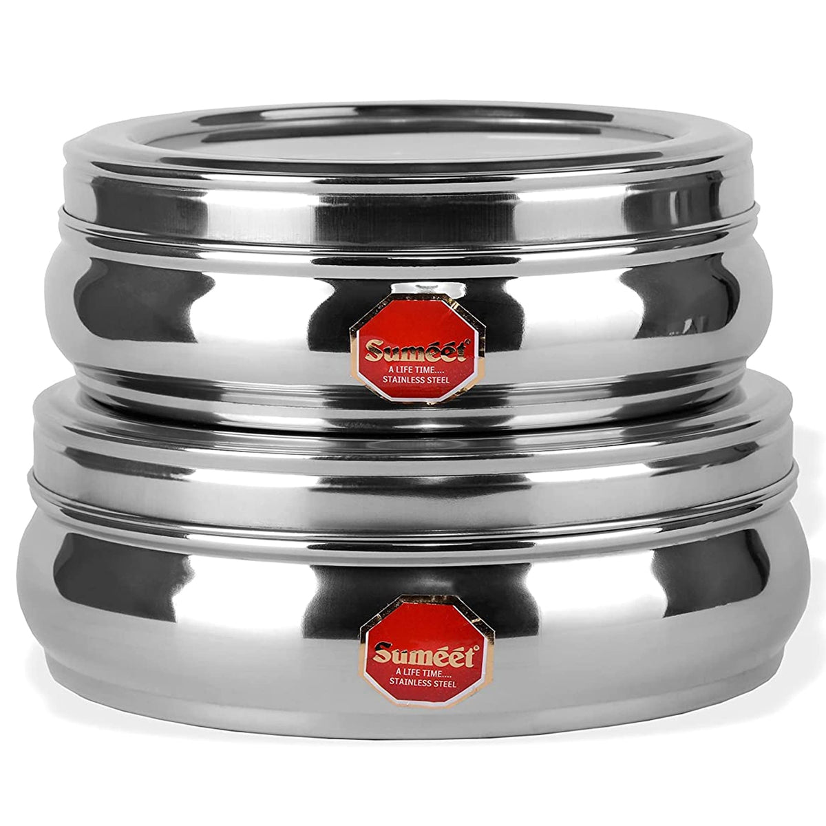 Sumeet Stainless Steel Belly-Shape Flat Canisters/Puri Container with See-Through Lid, Sizes No. 12 (2 L, 20.5 cm Diameter) and No. 13