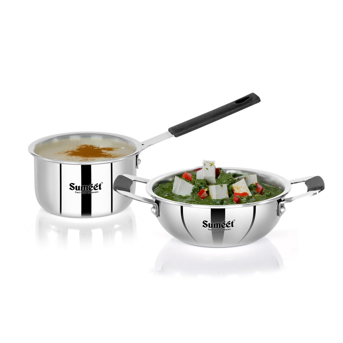 Sumeet Cook Smart ISI Certified Tri-Ply (Steel-Aluminium-Steel) 2-Piece Set, Mini Kadai 370 ml and Sauce/Tadka Pan 450 ml with Silicone Sleeves