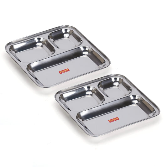 Sumeet Stainless Steel 3-in-1 Idli Wada Compartment Plate/Snack Plate/Breakfast Plate, Set of 2 Pcs, 24.5 cm Dia, Silver