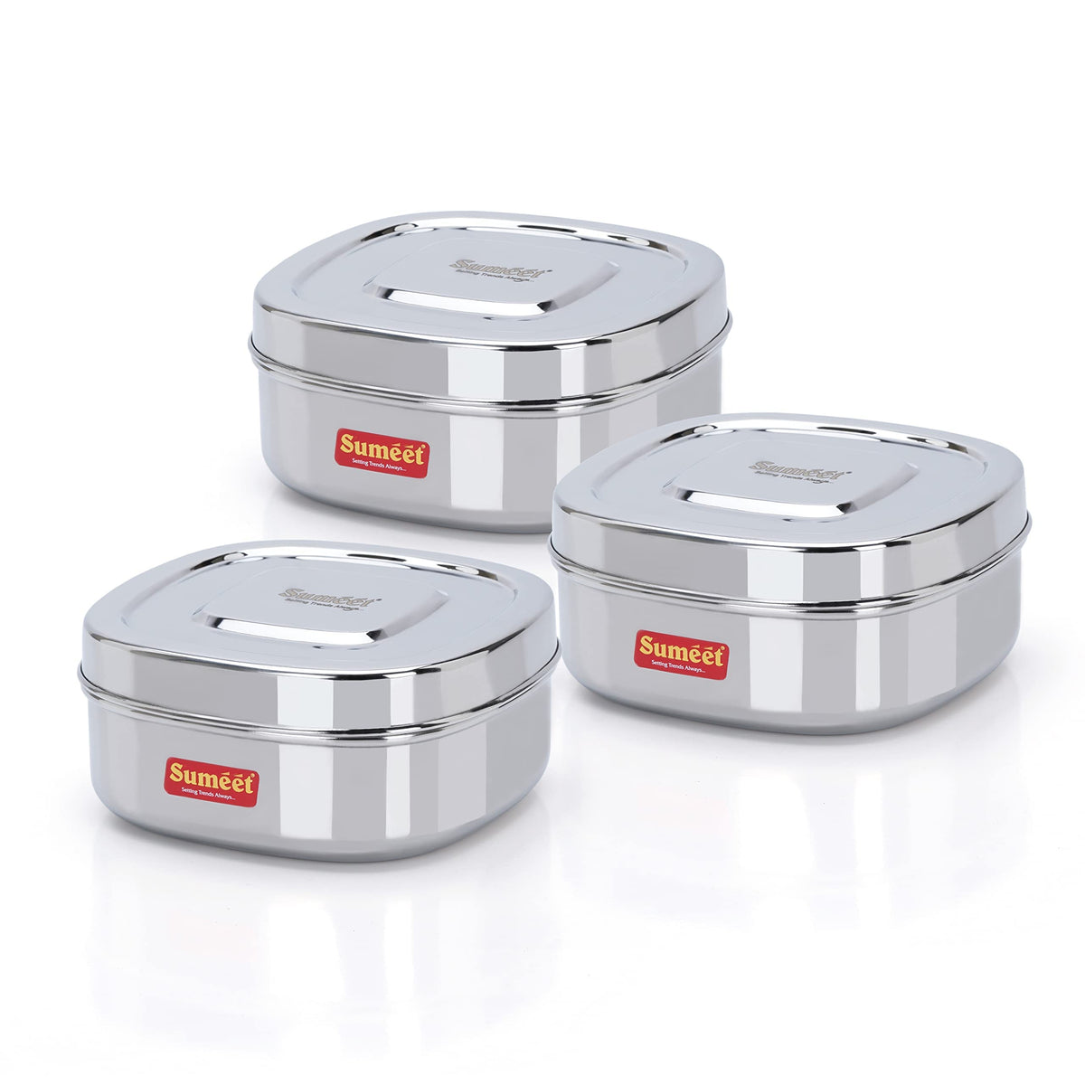 Sumeet Stainless Steel Square Storage Containers/Dabba for Kitchen, Set of 3, 1000 ml, 14 cm, Silver