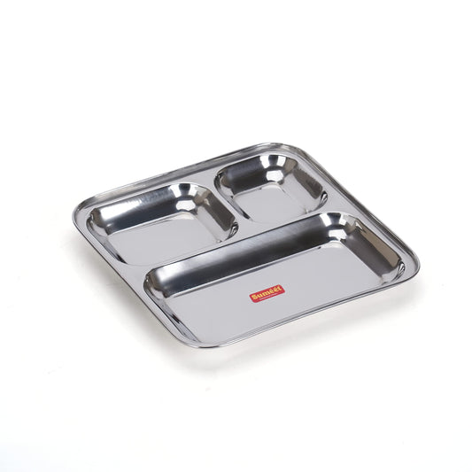 Sumeet Stainless Steel 3-in-1 Idli Wada Compartment Plate, Snack Plate, Breakfast Plate, 1 Piece, 24.5 cm Diameter, Silver