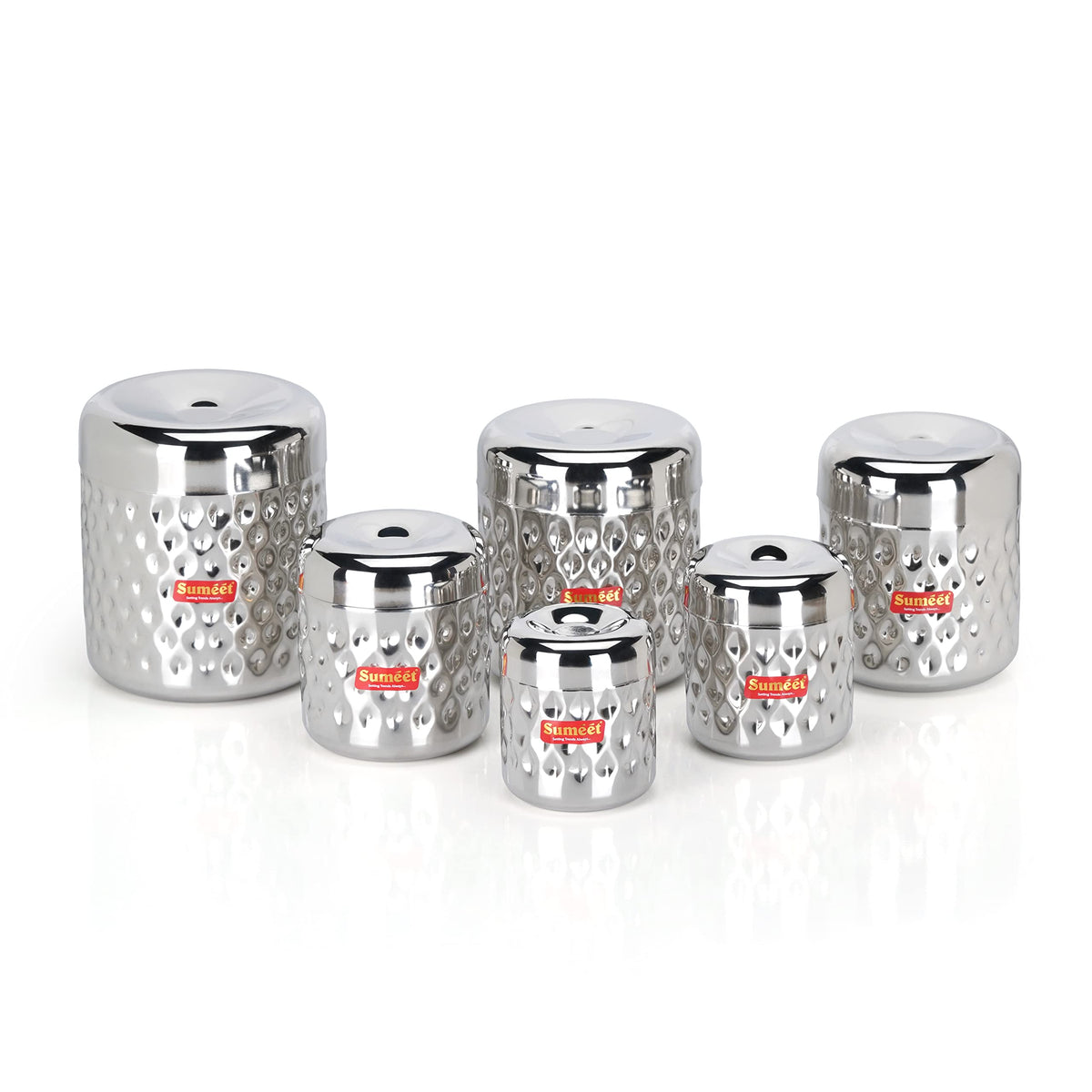Sumeet Stainless Steel Vertical Utility Canisters / Ubha Dabba / Storage Containers with Design, Set of 6 Pcs (350 ml, 500 ml, 700 ml, 900 ml)