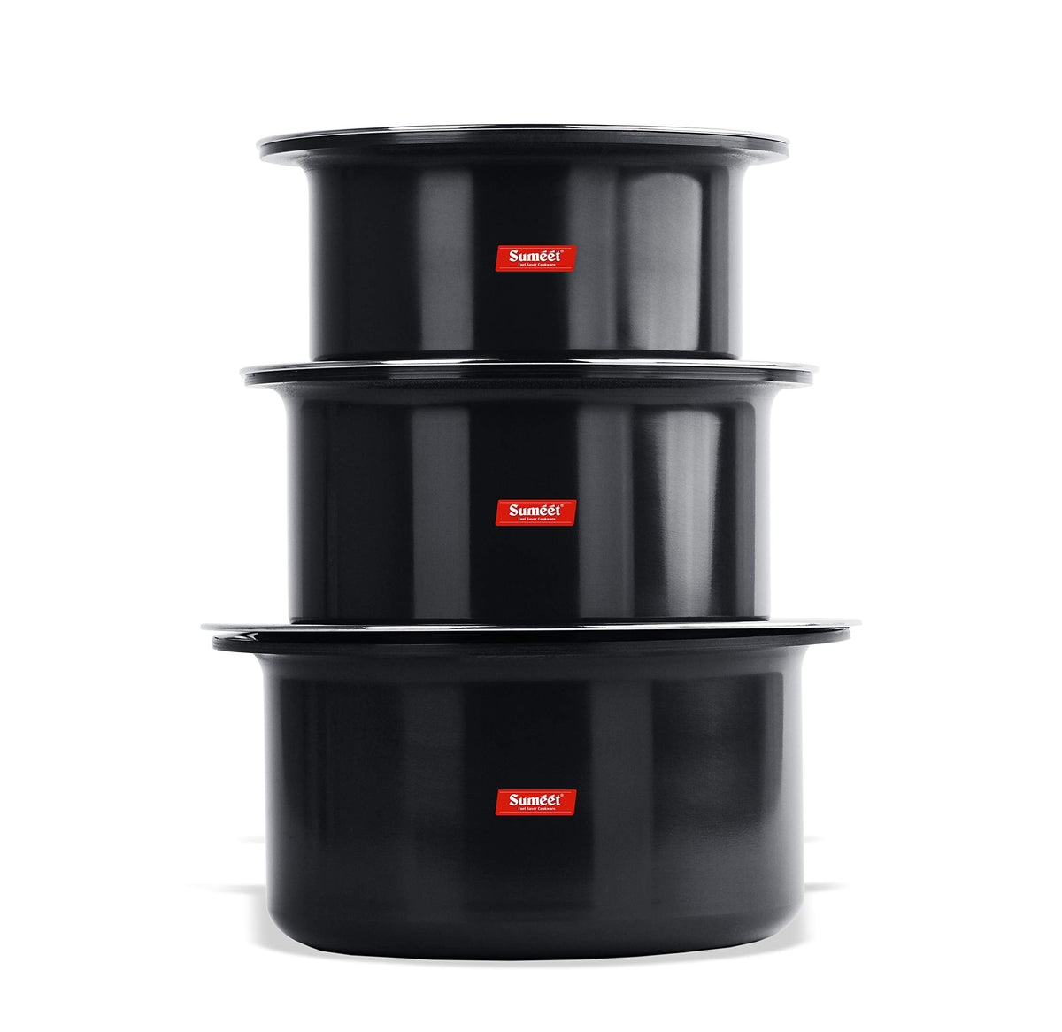 Sumeet 3mm Thick Hard Anodized Large Aluminium Tope with Stainless Steel Lid, Sizes No. 16, 17, 18 (Black, 4.250 L, 5 L, 6 L), Set of 3 Pieces