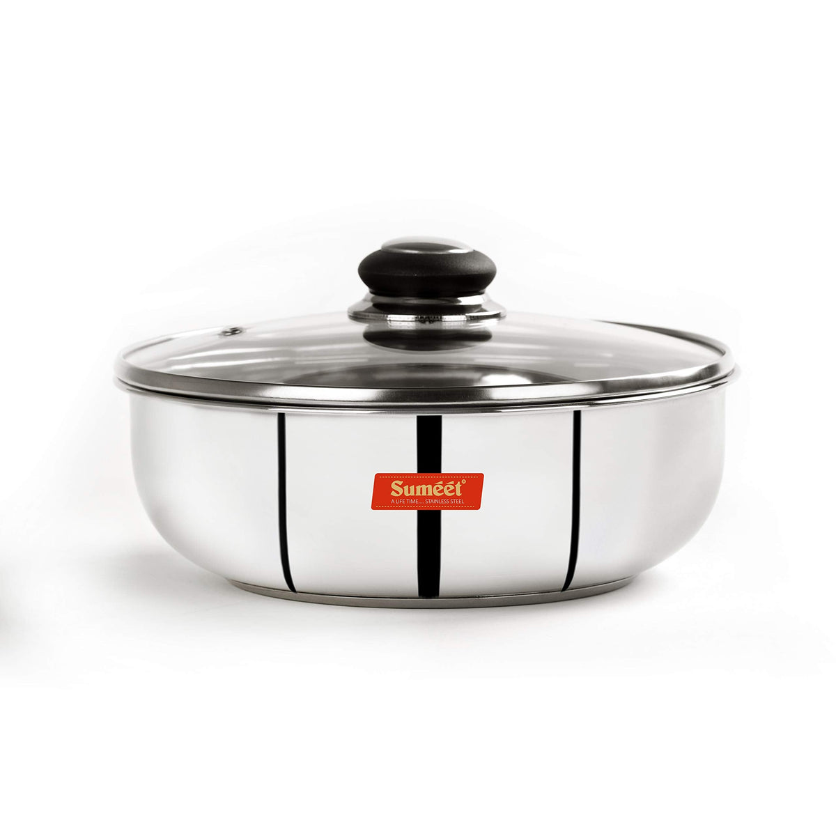Sumeet Stainless Steel Encapsulated-Bottom Tasra with Glass Lid, Induction and Gas Stove Friendly (2.5 L, 23.5 cm), Silver