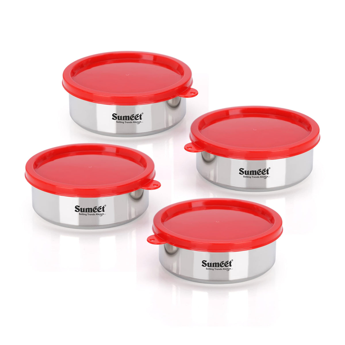 Sumeet Stainless Steel Airtight and Leak-Proof Food Storage Container, 400 ml, 12 cm, Pack of 4, Silver