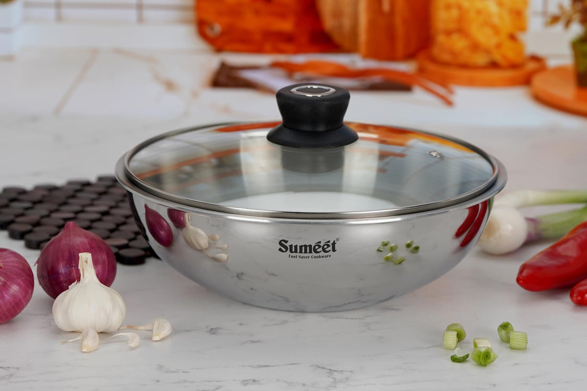 Sumeet Cook Smart TriPly Stainless Steel Induction Base Deep Tasra with Glass Lid, 4 L, 28 cm, Pack of 1, Silver