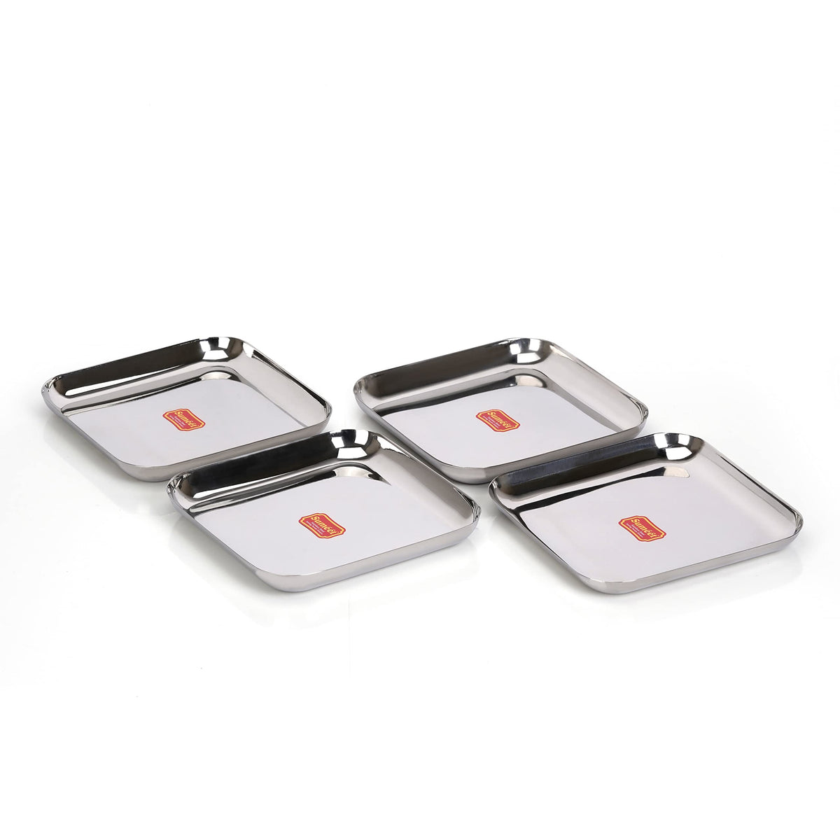 Sumeet Stainless Steel Medium Square Shape Plate/Snacks Plate/Breakfast Plate, Set of 4 pcs, 22.5 cm Dia, Silver