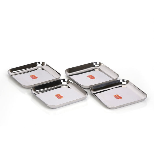 Sumeet Stainless Steel Medium Square Shape Plate/Snacks Plate/Breakfast Plate, Set of 4 pcs, 22.5 cm Dia, Silver