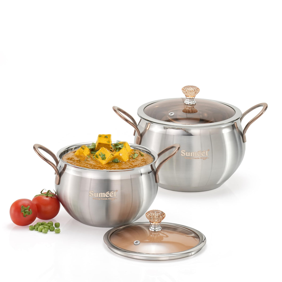 Sumeet ISI Certified Stainless Steel Cook & Serve Biryani Pot/Handi/Sauce Pot with Glass Lid, Induction and Gas Compatible, Set of 2, 2200 ml & 3500 ml