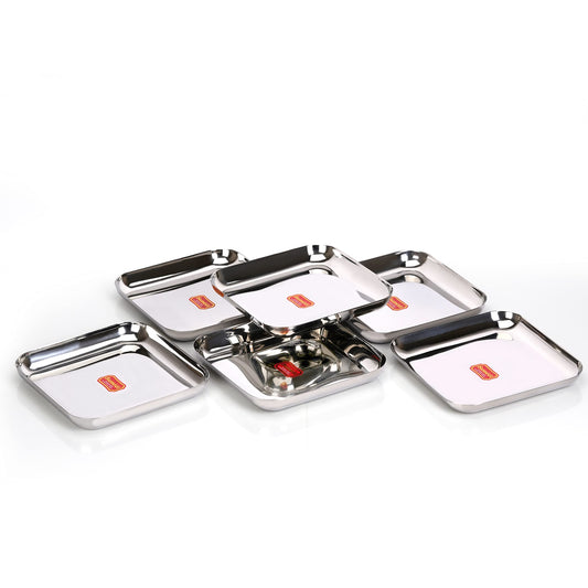 Sumeet Stainless Steel Medium Square Shape Plate/Snacks Plate/Breakfast Plate, Set of 6 pcs, 17.5 cm Dia, Silver