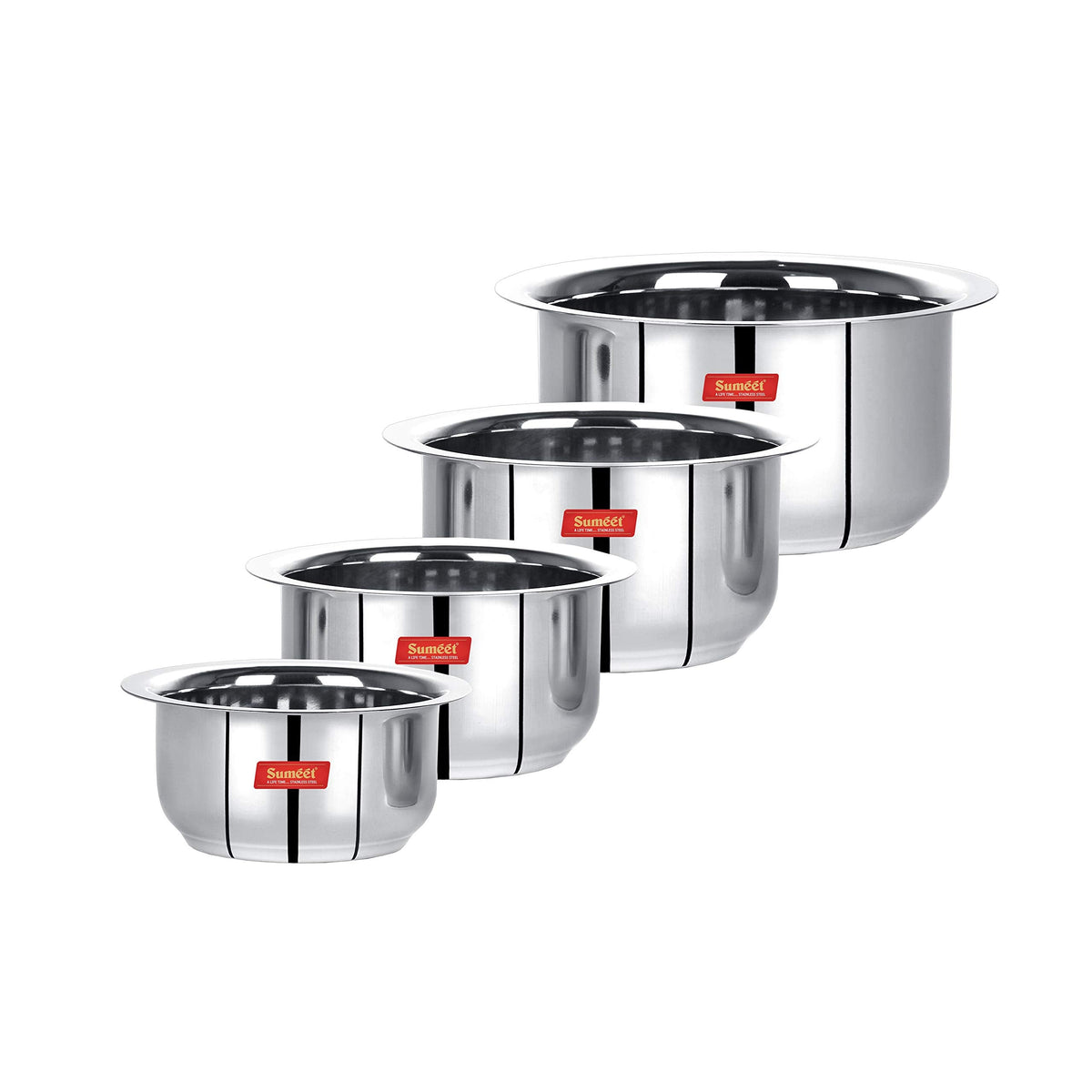 Sumeet Stainless Steel Mini to Small Flat-Bottom Tope/Patila Cookware Set, 4 Pieces, Induction and Gas Stove Friendly (370 ml, 550 ml, 800 ml, 1100 ml)