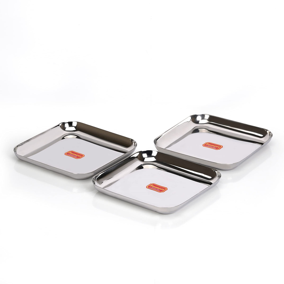 Sumeet Stainless Steel Medium Square Shape Plate/Snacks Plate/Breakfast Plate, Set of 3 pcs, 22.5 cm Dia, Silver