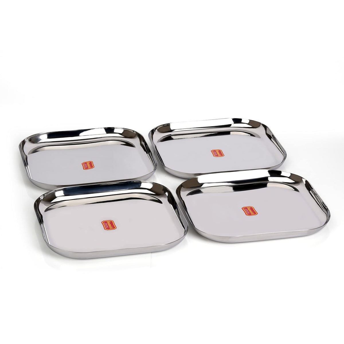 Sumeet Stainless Steel Big Square Shape Plate/Dinner Plate/Lunch Meal Plate, Set of 4 pcs, 28 cm Dia, Silver
