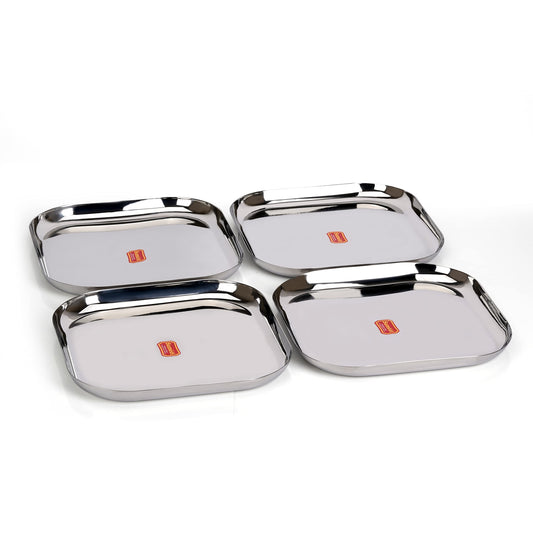 Sumeet Stainless Steel Big Square Shape Plate/Dinner Plate/Lunch Meal Plate, Set of 4 pcs, 28 cm Dia, Silver