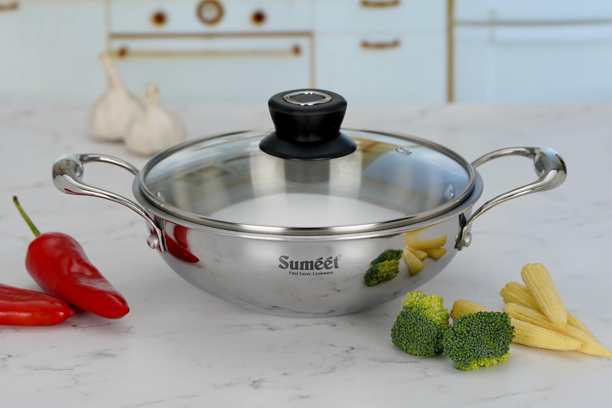 Sumeet Cook Smart TriPly Stainless Steel Induction Base Deep Kadai with Glass Lid, 1.4 L, 18 cm, Pack of 1, Silver