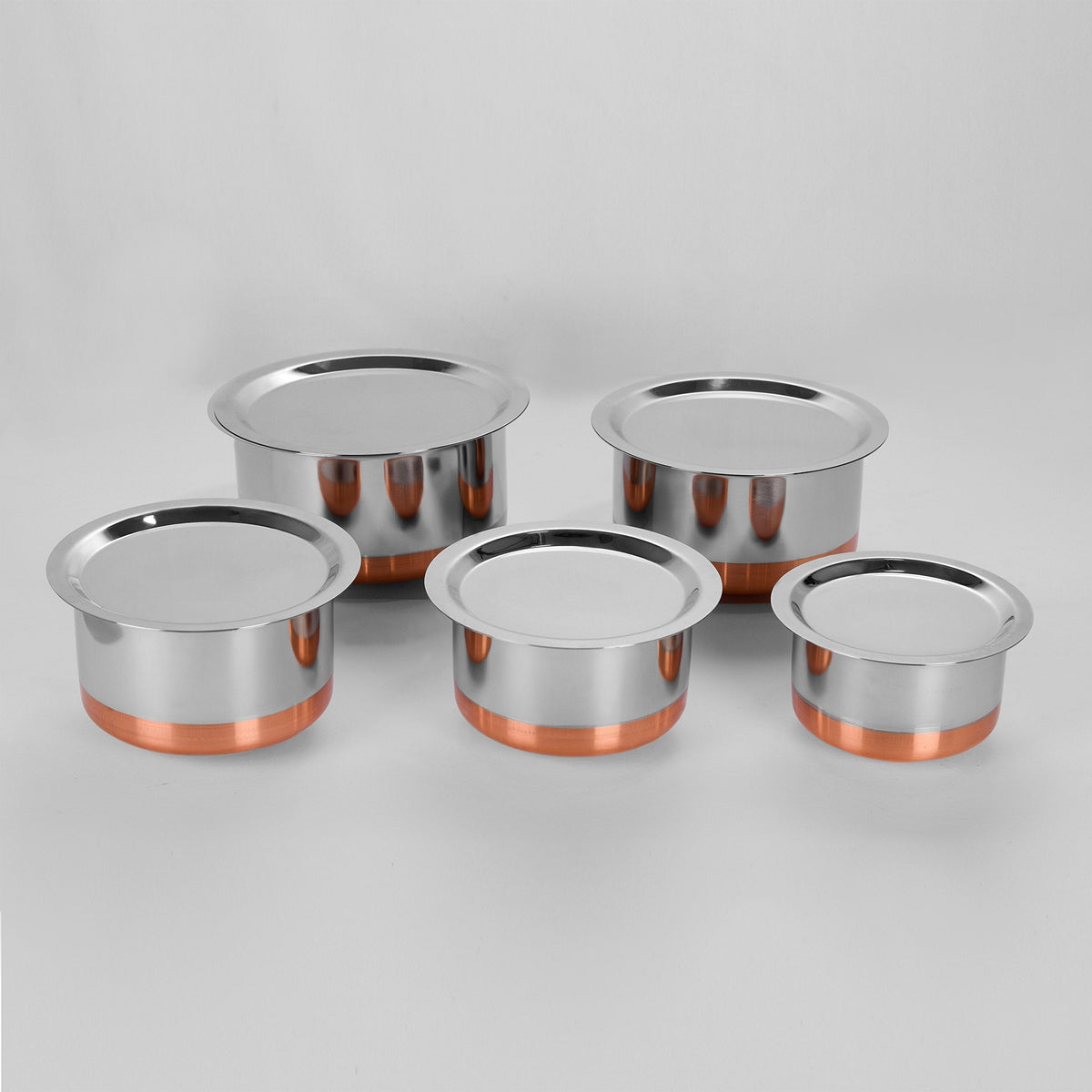 Sumeet Stainless Steel Copper-Bottom Cookware/Container/Tope Set of 5 Pcs with Lids, 1 L, 1.4 L, 1.9 L, 2.3 L, and 3 L