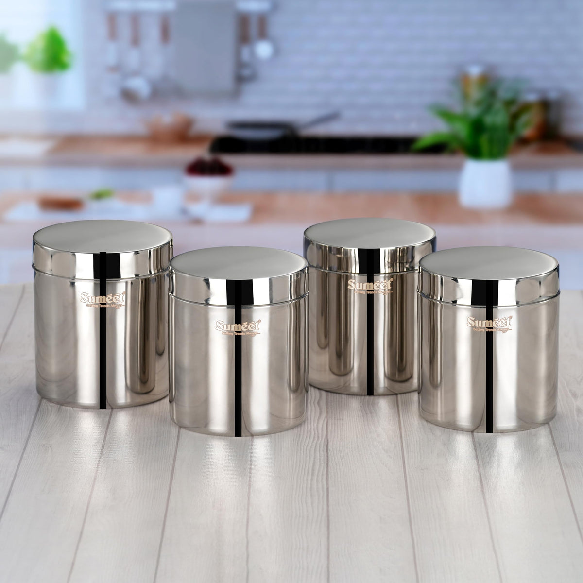 Sumeet Stainless Steel Containers/Jars/Dabba for Kitchen Storage with Lids, Set of 4 Pieces, 1250 ml Capacity, 11.5 cm Diameter, Silver
