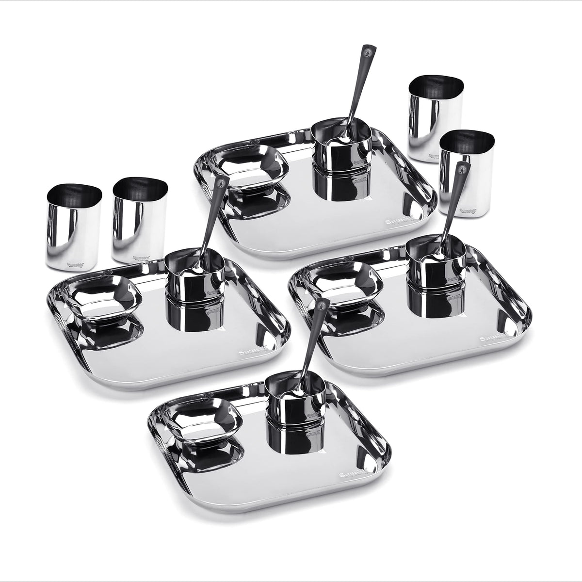 Sumeet Square Stainless Steel Heavy Gauge Mirror Finish Dinner Set of 20 Pieces (4 Plates, 4 Halwa Plates, 4 Bowls, 4 Glasses, 4 Spoons)